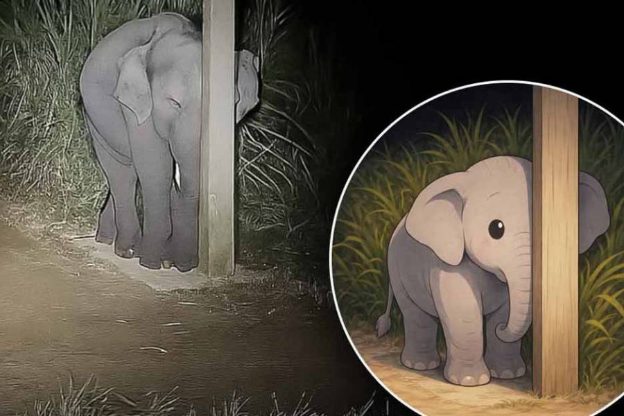 Un bebé elefante fue descubierto robando caña de azucar...y se escondió detrás de un poste convencido de que nadie podia verlo